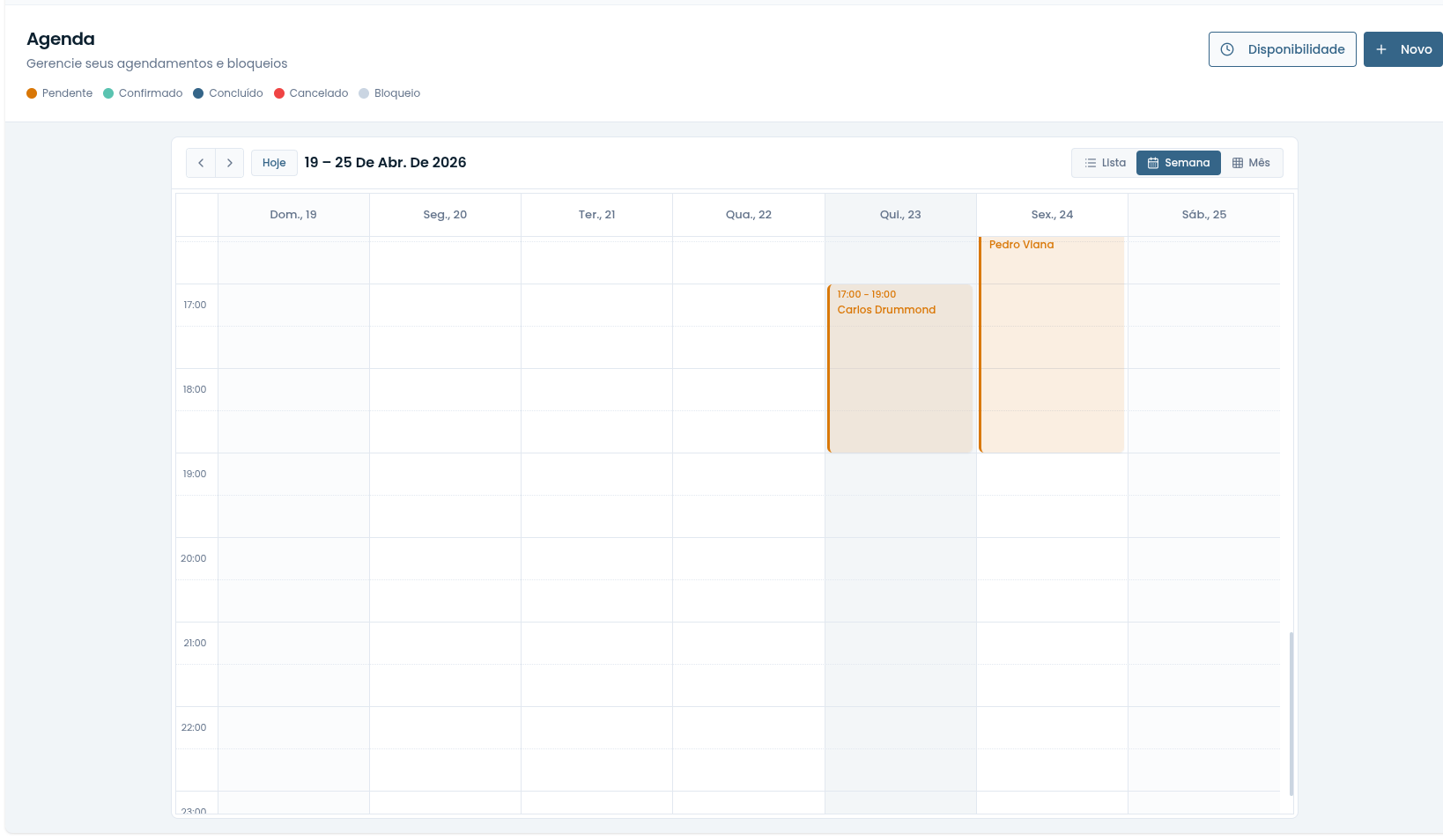 Agenda semanal do Cuidaty com consultas agendadas