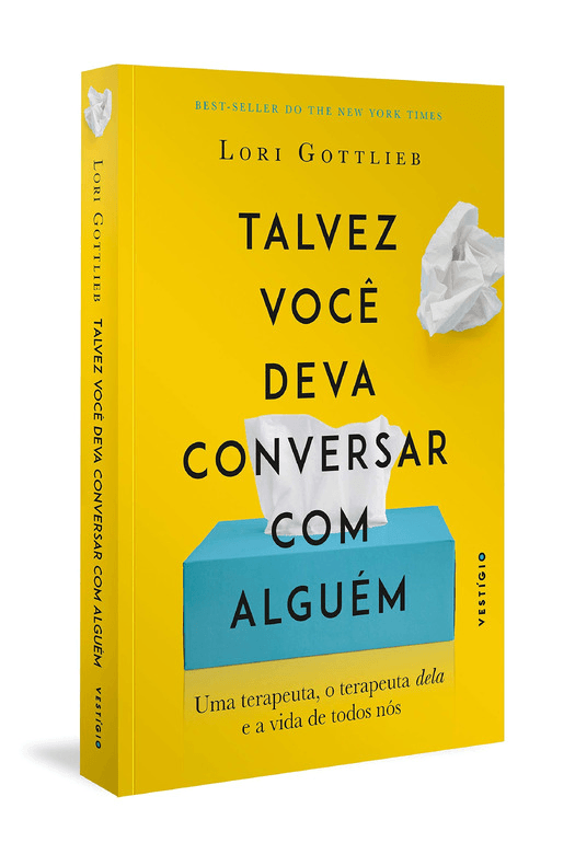 Capa do livro Talvez Você Deva Conversar com Alguém, de Lori Gottlieb: fundo amarelo com uma caixa de lenços azul e lenços amassados.