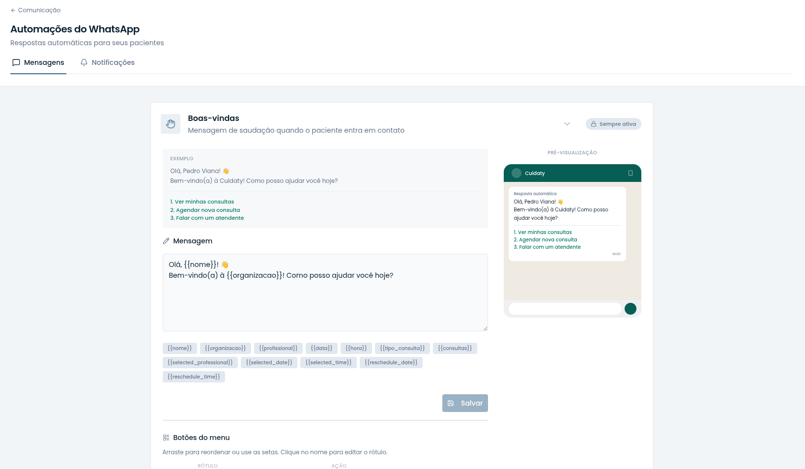 Interface de configuracao das automacoes de WhatsApp no Cuidaty